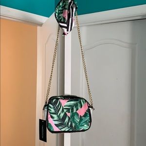 Pink Palm Leaf Print Chain Cross Body Bag